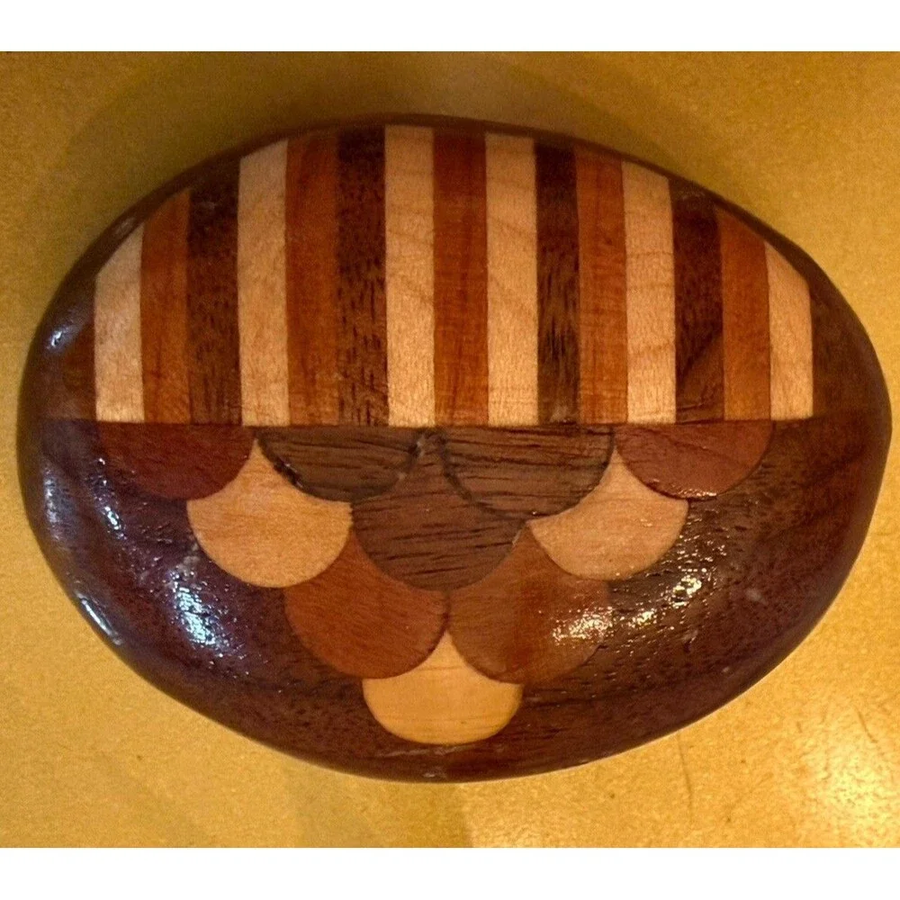 Vintage 1970s Wood Inlaid Scarab-Like Belt Buckle Geometric Marquetry Veneer Art